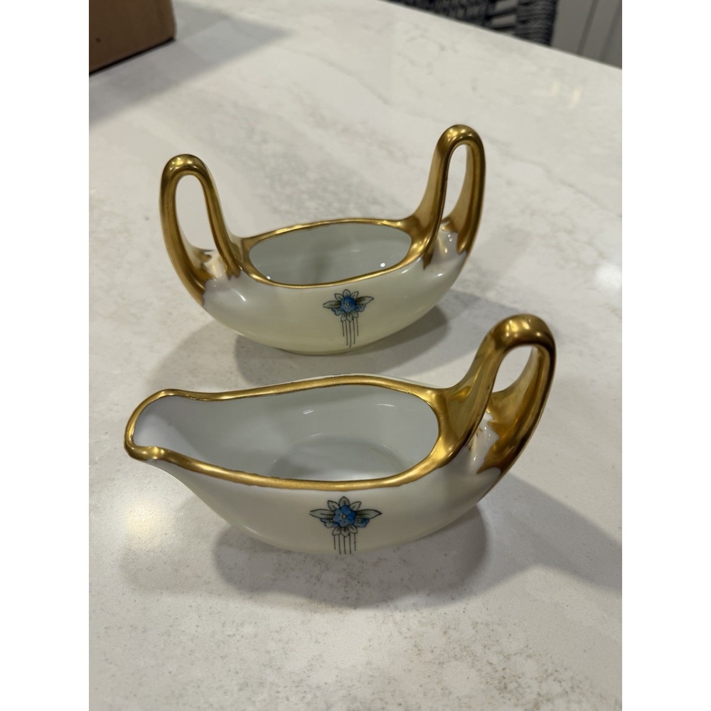 Vintage Bavarian Porcelain Swan Handle Bowls Pair Blue Floral Gold Gilt Decor